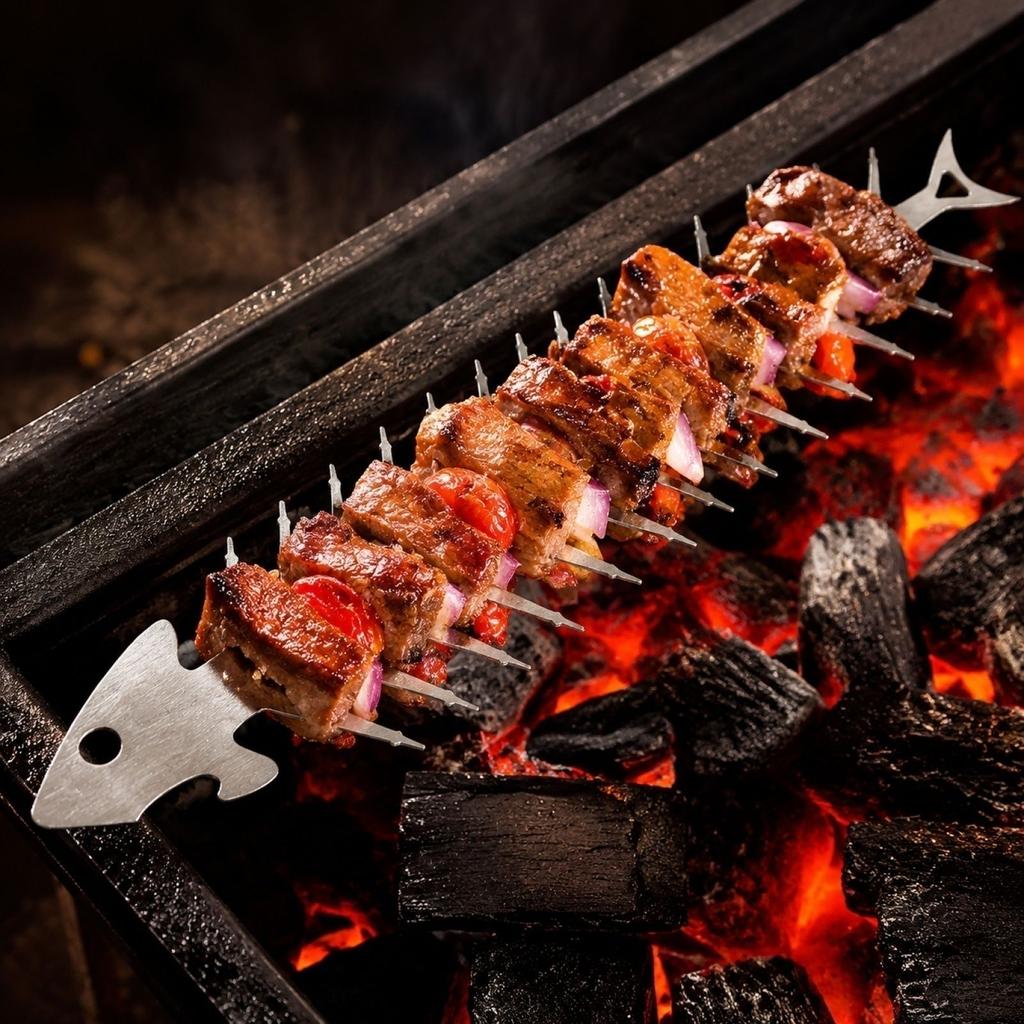 Stainless Fishbone BBQ Skewers Set with Grill Net - Portable Outdoor Barbecue Accessories for Home and Travel