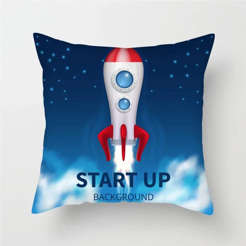 Cartoon Astronaut & Rakete Raumschiff Kissenbezug Deko Weltraum-Thema Kissenhülle für Sofa Schlafzimmer, Galaxie-Druck Kissenbezug