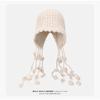 Red Hand woven Tassel Ball Wool Hat for Women Warm Ear Protection Straps Knitted Hat  Large Head Circumference Pullover Hat