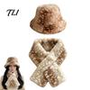 Soft Plush Winter Cap Women Spotted Deer Hat, Faux Fur Bucket Hat Scarf, Cozy Furry Fisherman for Girls, Autumn Accessory Fashionable