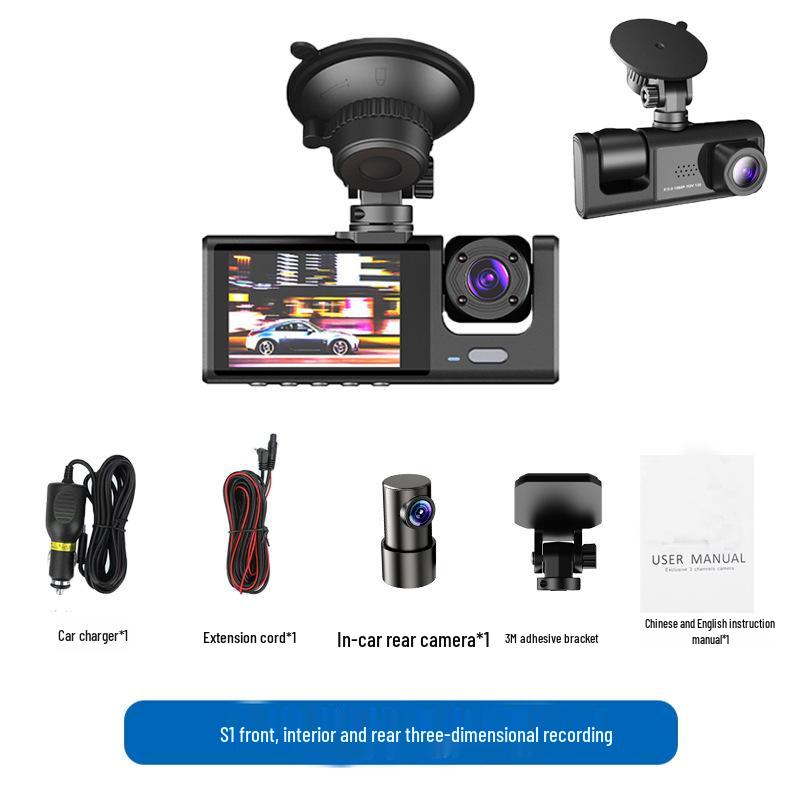 High-Definition Dual-Objektiv Dashcam mit Weitwinkel-Nachtsicht und WLAN für Front-, Innen- und Heckaufnahmen