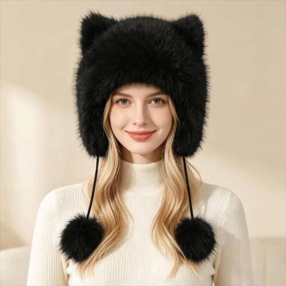 Windproof Raccoon Hat Solid Color Ear Protection Hat Fashion Faux Fur Beanie Daily Wear