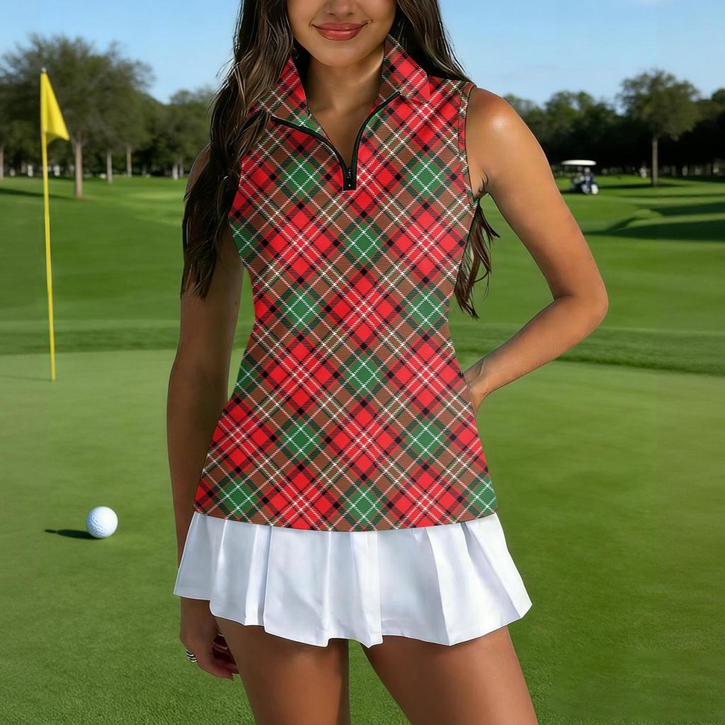 Dámské golfové polo bez rukávů se zipovým límcem, kostkovaný potisk, sportovní tílko pro sport a venkovní aktivity