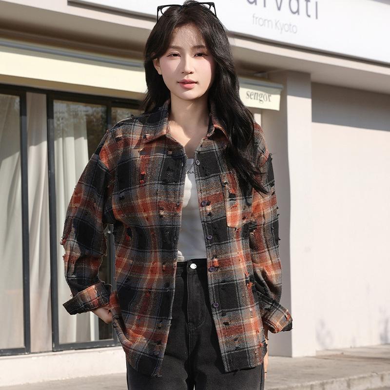 Checkered Shirt for Women In Spring Autumn with Holes The High Street Rugged Handsome Loose Casual Top Vintage Fashionable Outerwear Blouses & Shirts