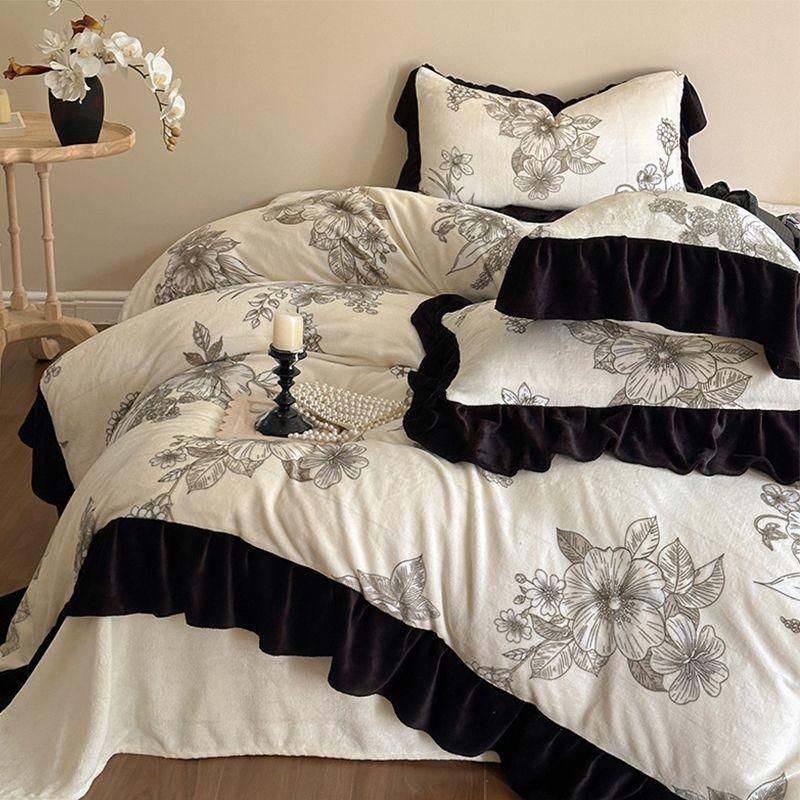 G5Z Melkfluweel & Kant Beddengoed Set: Verdikte Vierdelige Flanel & Koraalvlies, Dubbelzijdig met Dekbedovertrek.