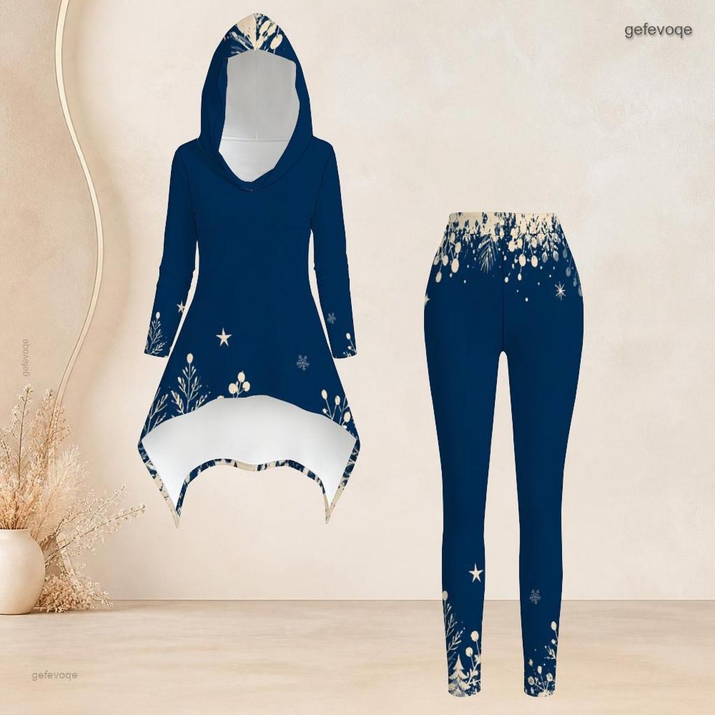 Women Plus Size Hooded Long Sleeve Snowflake Printed Dark Navy High Low Top Fitted Pants Two Piece Set