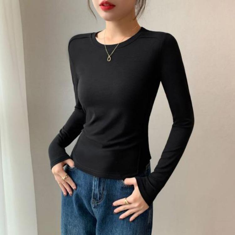 Soft Elastic Pullover Tops Women Long Sleeve Round Neck Slim Fit Base Shirt Solid Color Daily Wear Tops
