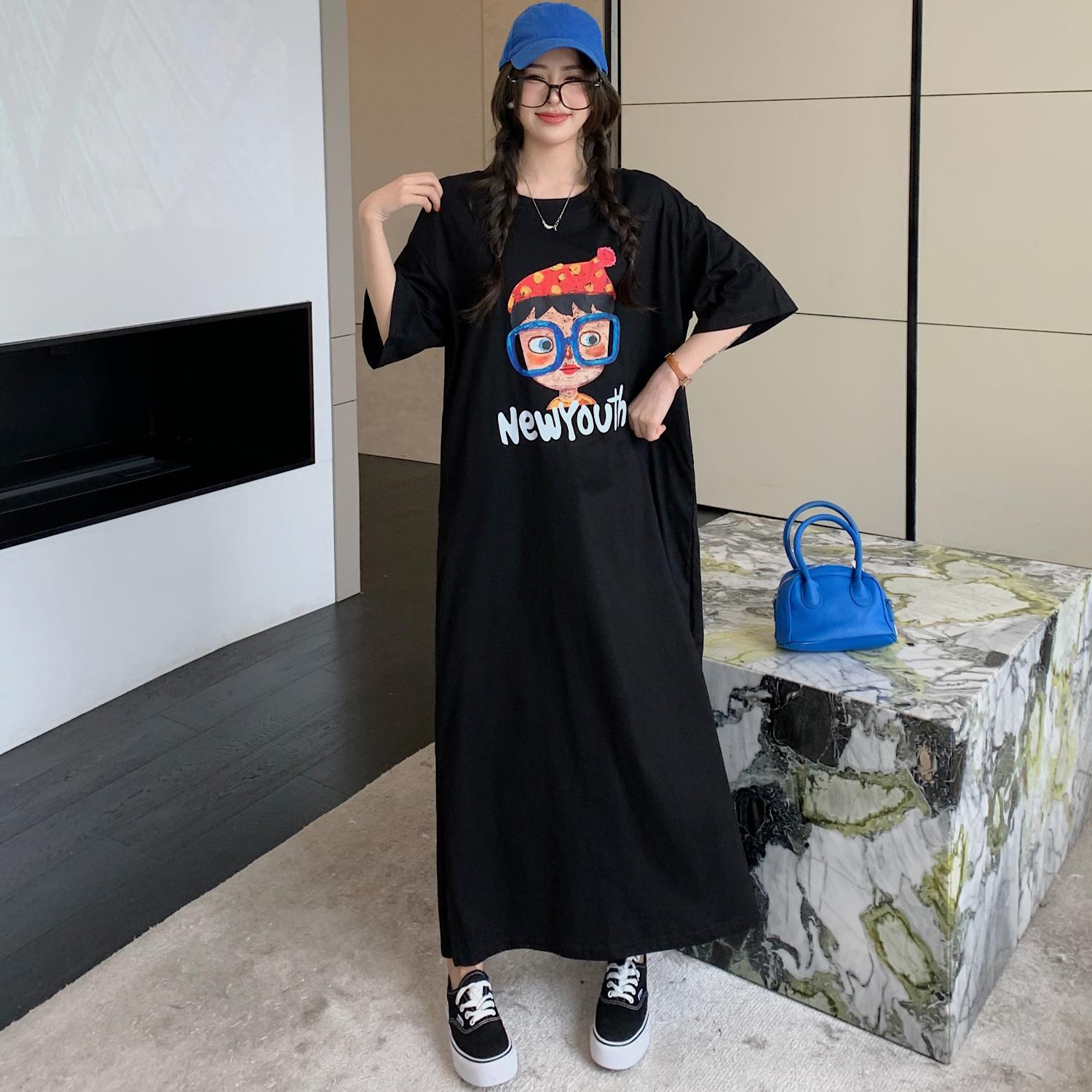 

Dimanaf Женское летнее платье-рубашка больших размеров с коротким рукавом, свободного покроя, свободного покроя, 2025 года, новое принтованное платье-рубашка из хлопка 4XL чёрный