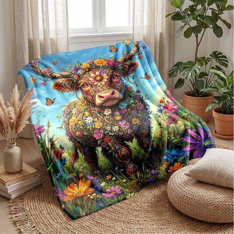 Festive Highland Cow Decoration Theme Blanket Lightweight Warm Flannel Blanket Decorative Throw Blanket for Home Decoration