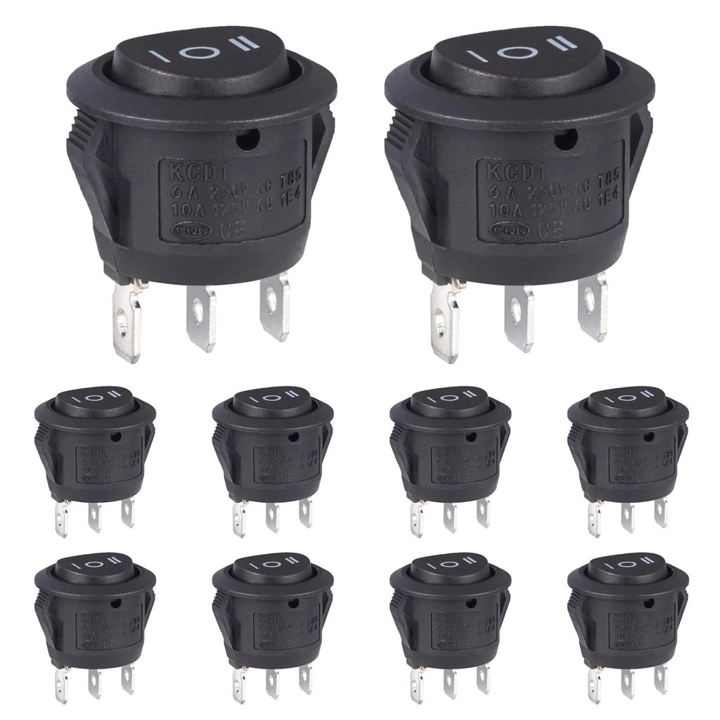 VEXUNGA Round Rocker Switch Red Light Illuminated On Off 3 Pin 2 Position Mini Rocker Switch 125V 10A 250V 6A KCD1 Small Circle Toggle Switches for