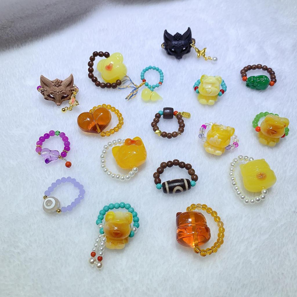 Second Gen Turquoise Amber Ring: Nine-Tailed Fox & Little Bear Wealth-Attracting Trendy Fashion Jewelry