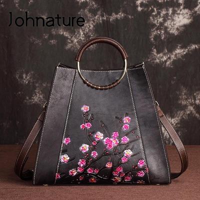 Vintage Embossing Genuine Leather Women Bag Natural Soft Cowhide Large Capacity Shoulder & Crossbody Bags