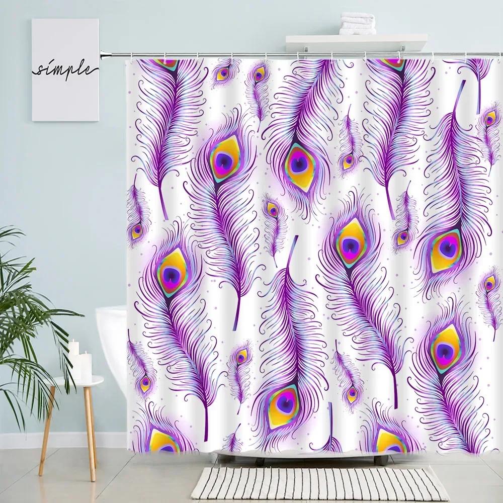 Peacocks Feather Shower Curtains Creative Design White Bath Curtain Modern Minimalist Art Nordic Bathroom Decor Sets with Hooks