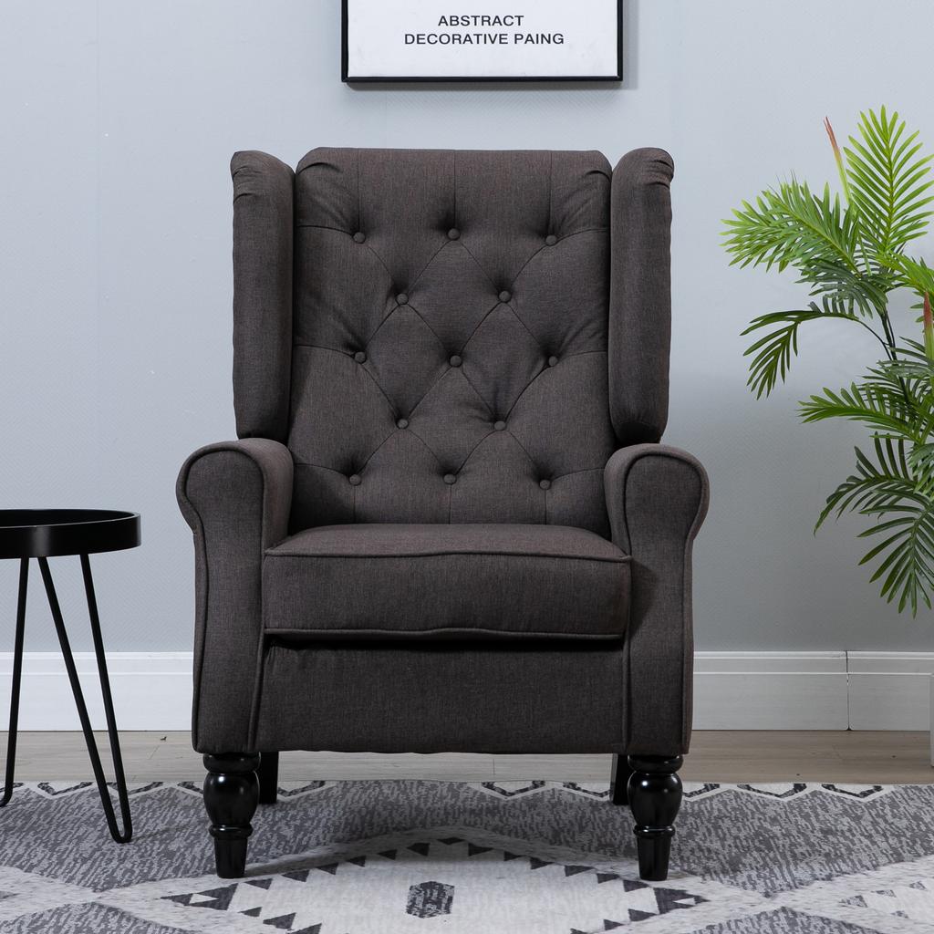 Poltrona Wing Chair con Braccioli, Sedia da Salotto con Cuscino, Trapuntatura, Poltrona con Schienale Alto e Gambe in Legno, Poltrona Reclinabile per Soggiorno, Camera da Letto
