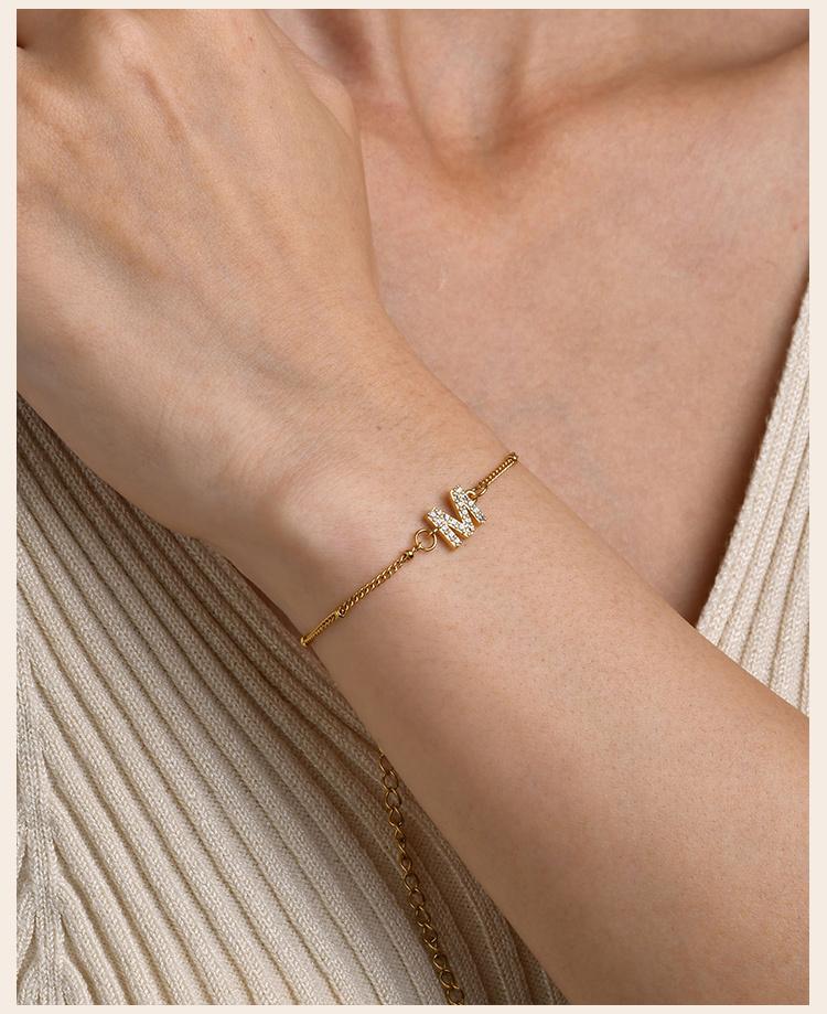 Charms Pave Initial Letter Bracelet, Paperclip Satellite Chain Stainless Steel Gold Plated, Handmade Jewelry for Women