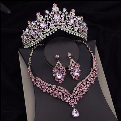 Gorgeous Pink Crystal Tiaras Bridal Jewelry Sets for Women Fashion Crown Earrings Korean Wedding Necklace Dubai Jewelry Sets