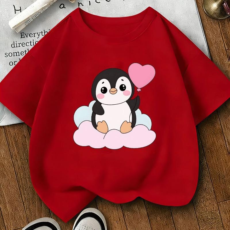 Kids Cute Penguin Heart Balloon Cloud Print Crewneck Tee