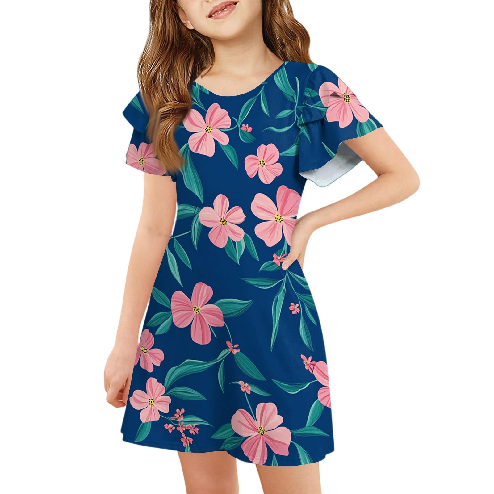 

Girls Ruffle Sleeve Dress - Round Neck Printed Sundress 110 синій