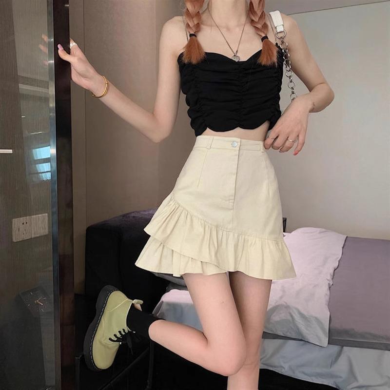 2024 Autumn High-Waist Irregular Ruffle White Denim Midi Skirt - Slimming A-Line, Anti-Exposure Design for Women