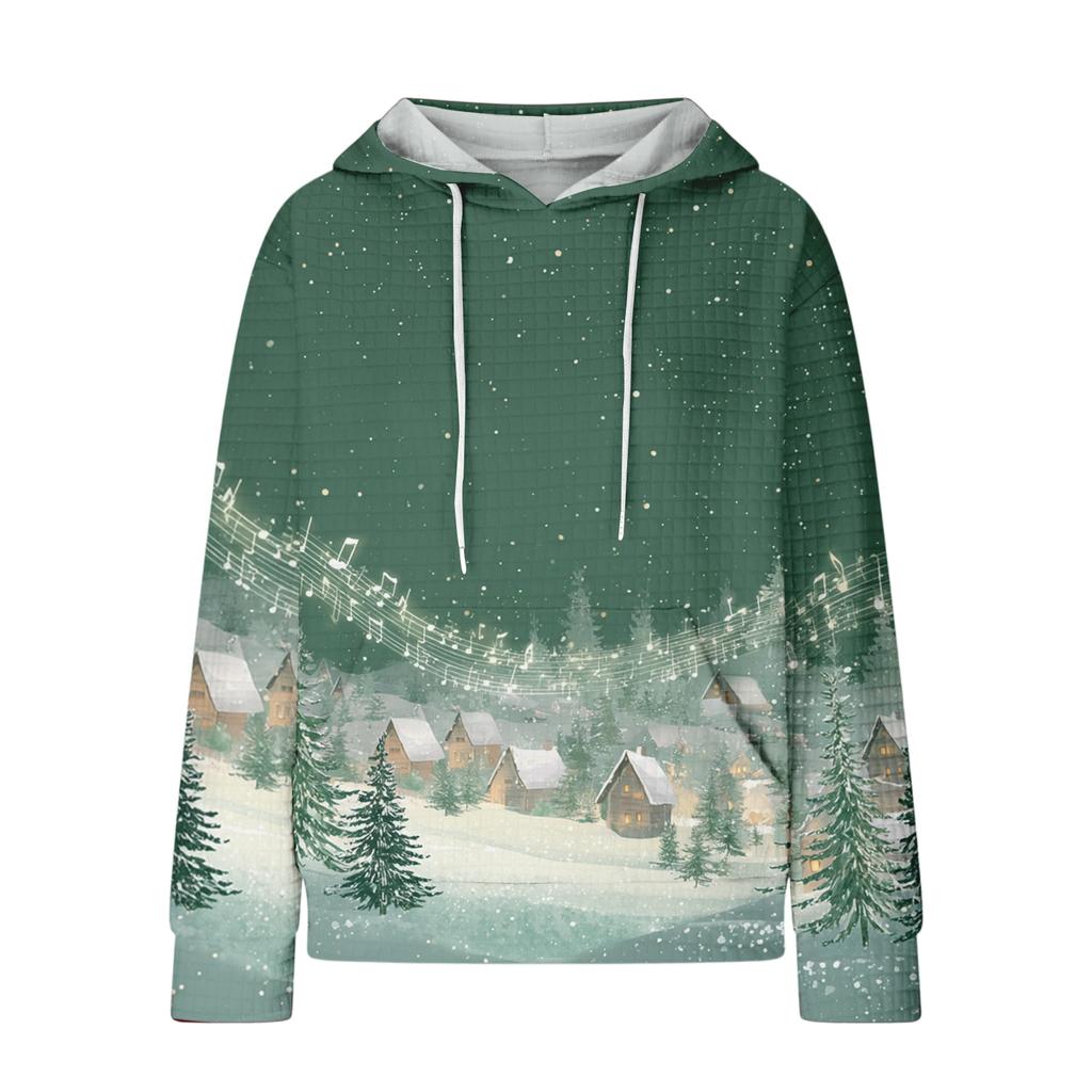 Dammode Lös Pullover med Huva Långärmad Rutig Sweatshirt med Dragsko, Nedhasad Axel, Ficka, Jultryck Topp