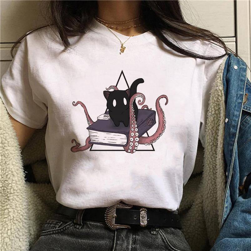 Summer Tshirt Female Tee Skull Cat Print Women Tshirt Punk Dark Grunge Streetwear Ladies Gothic Top Tshirts Harajuku Clothes Y2K