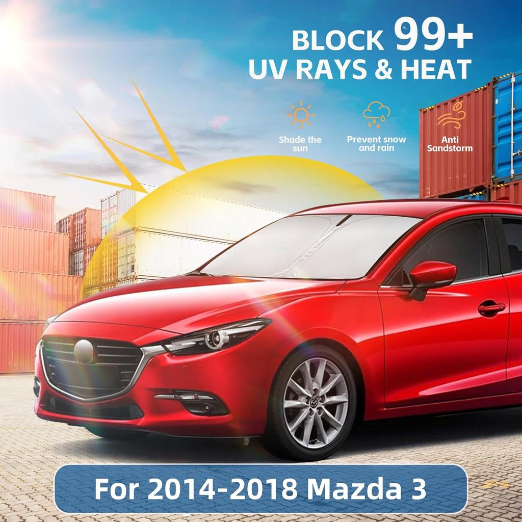 Windshield Sun Shade For Mazda 3 2014-2018 Double Layer 240T Front Window Shade Fit Mazda 3 Sun Visor Foldable Shade Blocks UV Rays Summer Must Have