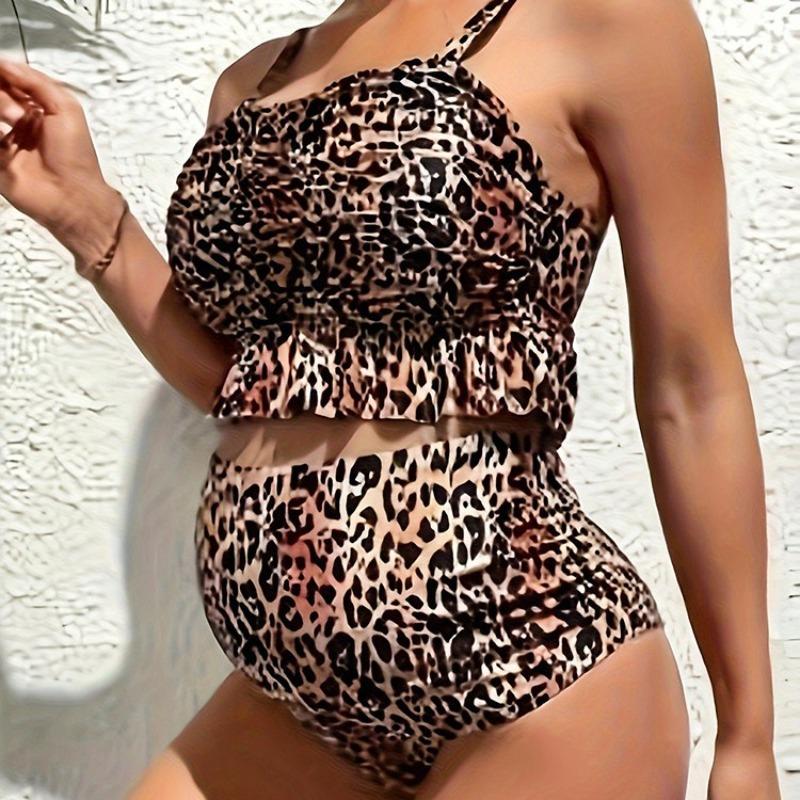 European and American Pregnant Women with Split Floral Leopard Print Lotus Leaf Edge Swimsuit Covering Belly Loose Support Pregnant Women Friendly