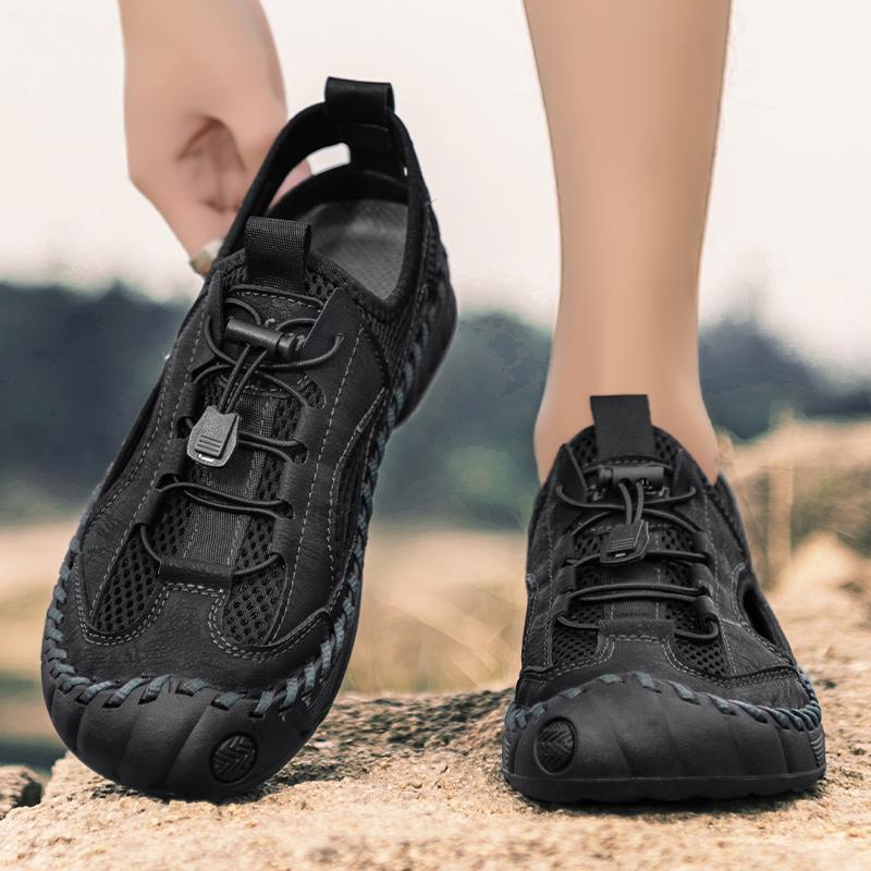 Herren-Sandalen aus Mikrofaser-Leder, handgenäht, atmungsaktives Mesh, lässig, weich