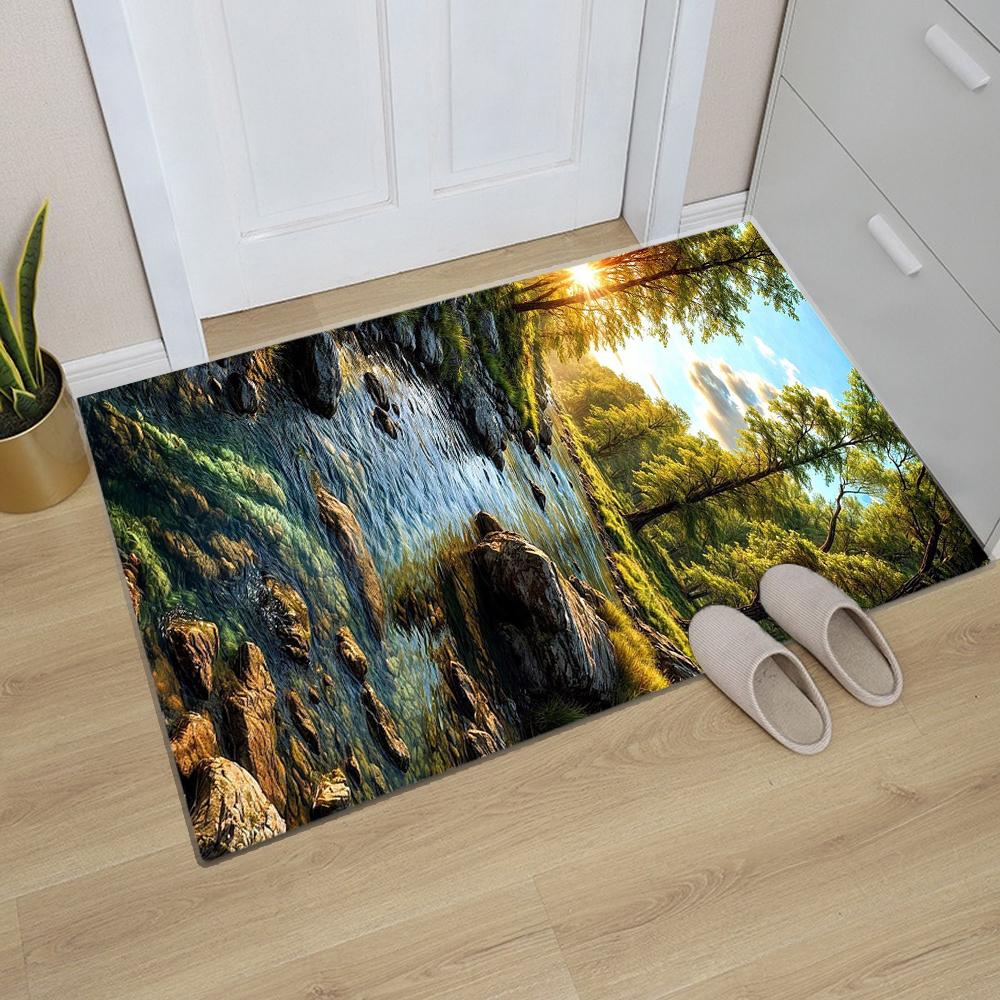 Natural Scenery Pattern Door Mat Forest Stream Mountain Road Designs Sunlight Effects NonSlip Floor Mat for Home Entrance Decor