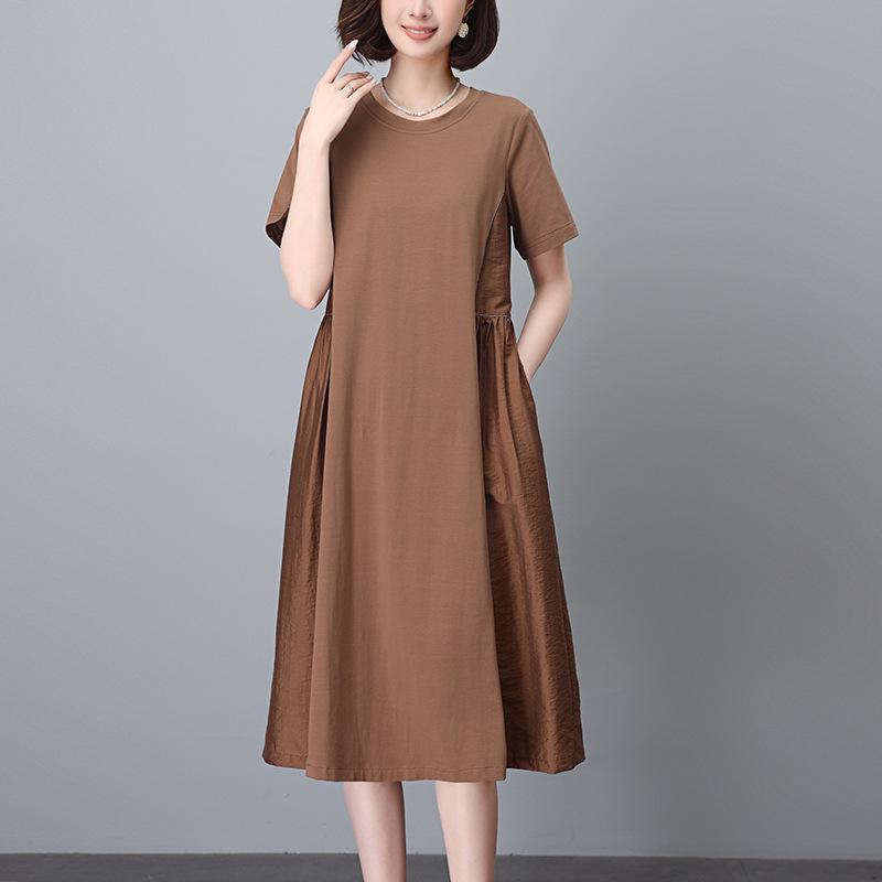 Women's Summer 2025 Pure Cotton Short Sleeve Dress - Loose Fit, Plus Size, Belly-Slimming, Casual for Middle-Aged Moms