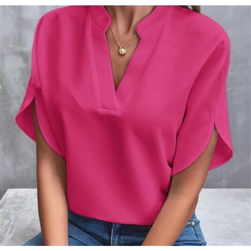 

IHUASU Women s Fashion Casual Solid Color Print Short Sleeve V Neck Blouses & Shirts XXL рожевий червоний колір