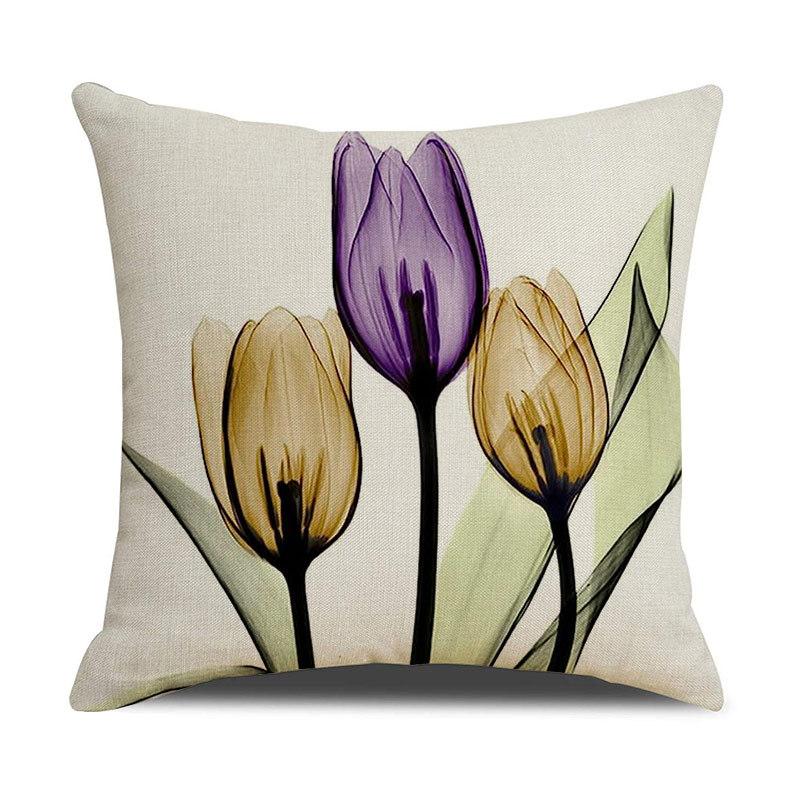 Light Luxury Plant Floral Linen Pillowcase Purple Tulip Digital Print Pillowcase Sofa