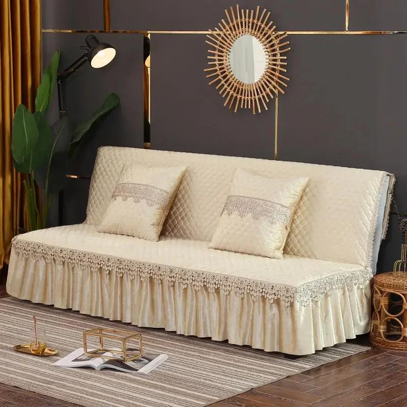 

Большой чехол для дивана-кровати без подлокотника с юбкой для гостиной, роскошный кружевной бархатный толстый плюш, 2-3-местный чехол для дивана-футона 150cm жёлтый
