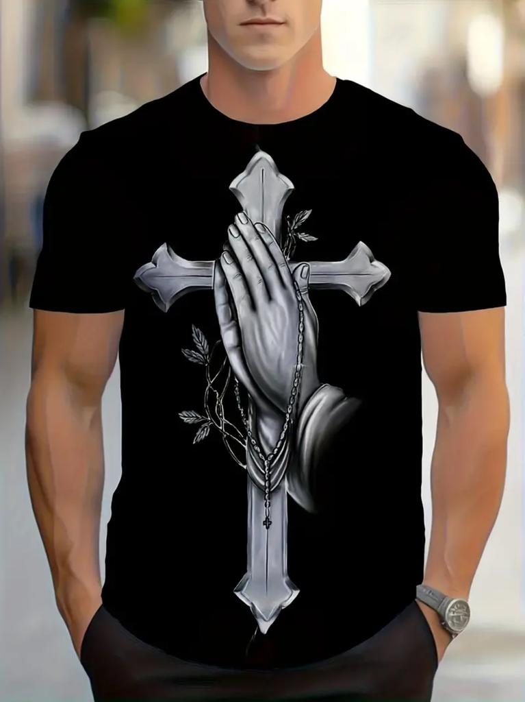UnisexS UnisexS 100 TShirt with Praying Hands Cross Geometric Print Black White Religious Design Regular Fit Crew Neck