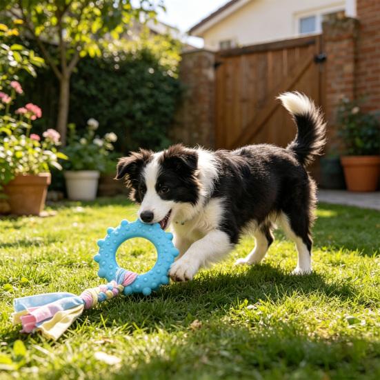 Dog Rope Toy Rubber Ring Dog Chew Toy with Braided Cloth Strips Dog Tug of War Rope Toy for Fetch Toss-and-Catch