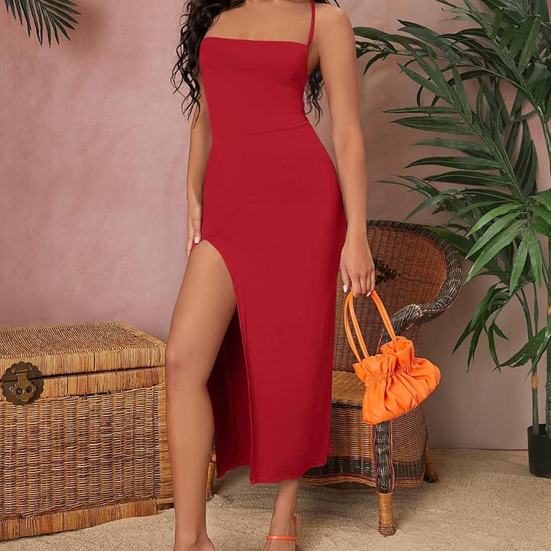 Women's Slim Sexy Suspender Halter Split Dress Summer Party Back Strappy Backless Maxi Dress