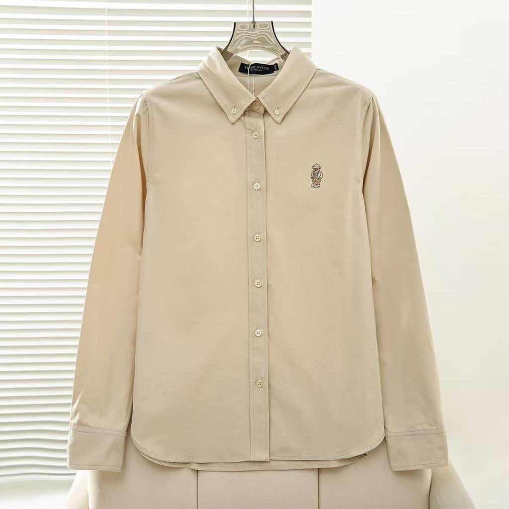 College Style Cotton Long Sleeve Shirt With Embroidery For Spring Casual Women