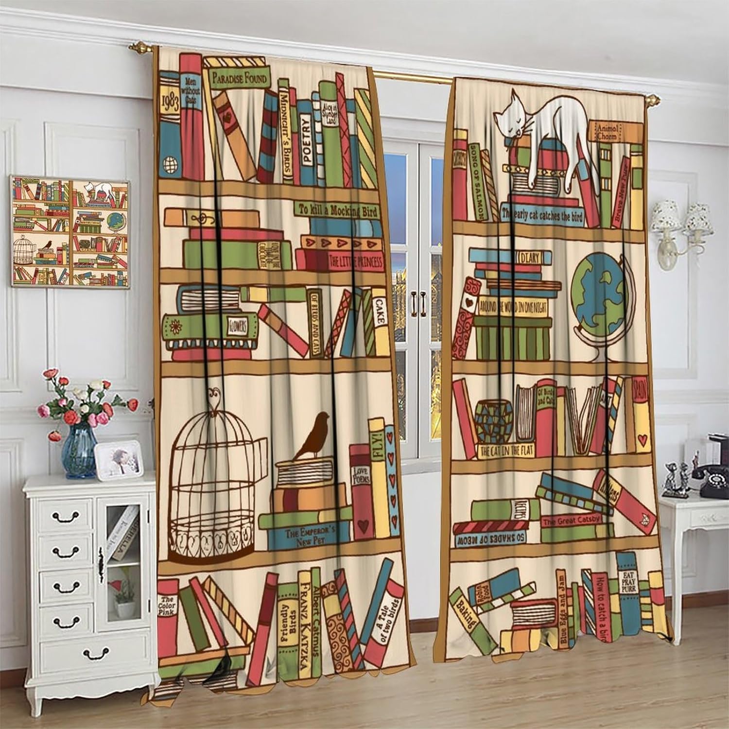 Tonnika Chen Bookshelf Curtains Cartoon Cat Library Art Printed Window Drapes Bedroom Living Room Kitchen Decor Fabric Set Panel Boho Polyester Area Treatment