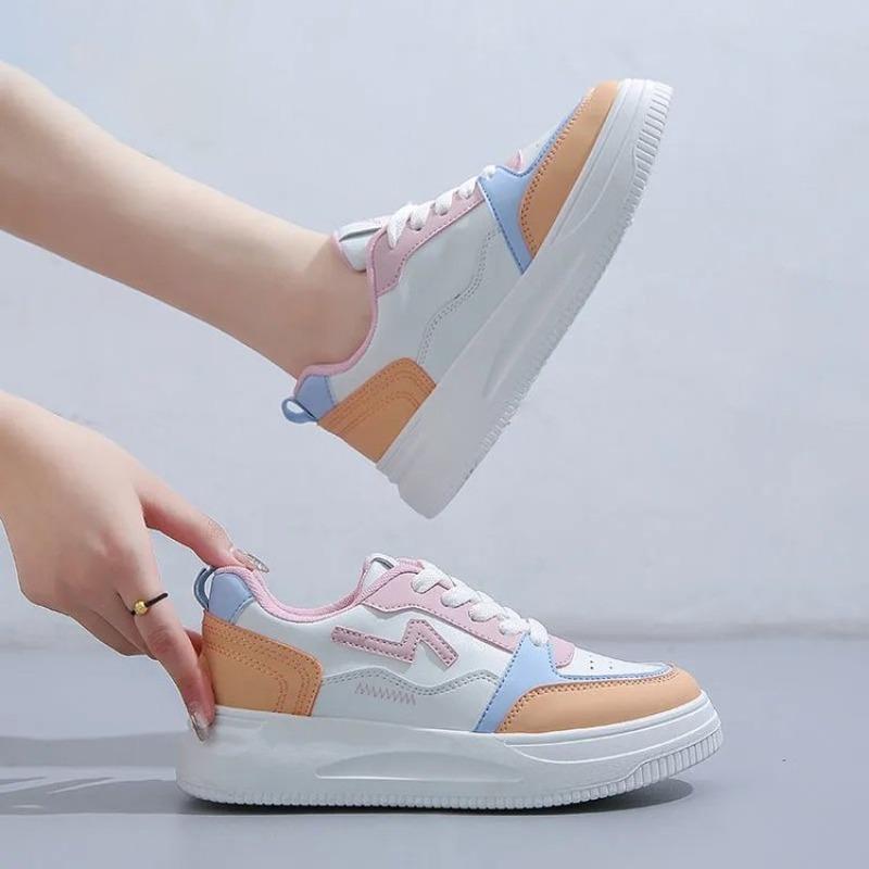 College Style Candy Color Board Shoes Women's New Round Head Lace-up White Shoes Student Contrasting Sports Shoes