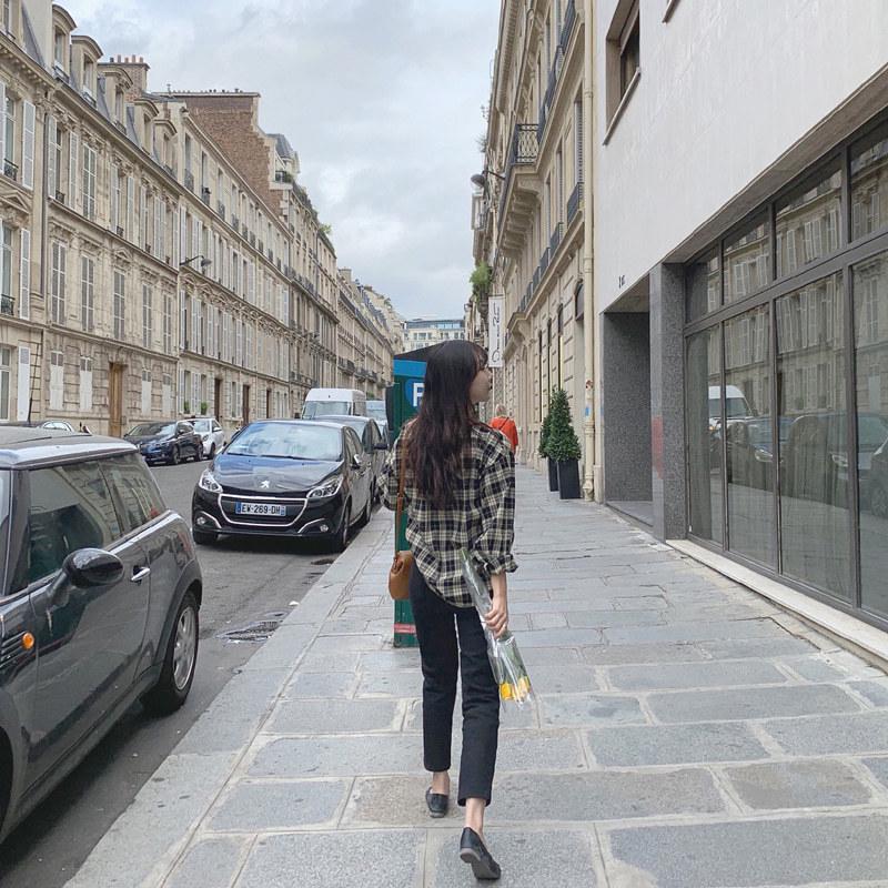Dongdaemun Retro Minimalist Plaid Wide Sleeve Shirt for Women - Spring/Autumn 2025