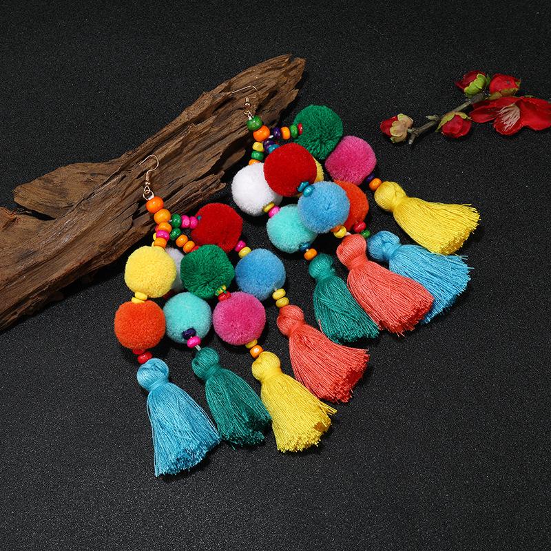 Niche personality color pom-pom earrings women's retro exaggerated bohemian vacation long fringed earrings