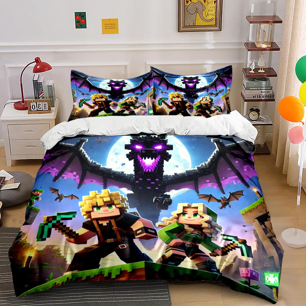 Minecraft Style Bedding with Dragon Print Bedding set (1 duvet cover, 2 pillowcases, duvet not included) 135x200cm