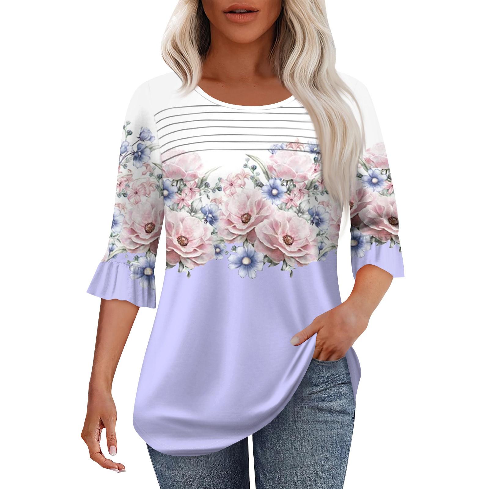 

Женская мода круглый вырез шея плиссированный спереди напечатанные точки расклешенный топ рукав 3/4 M