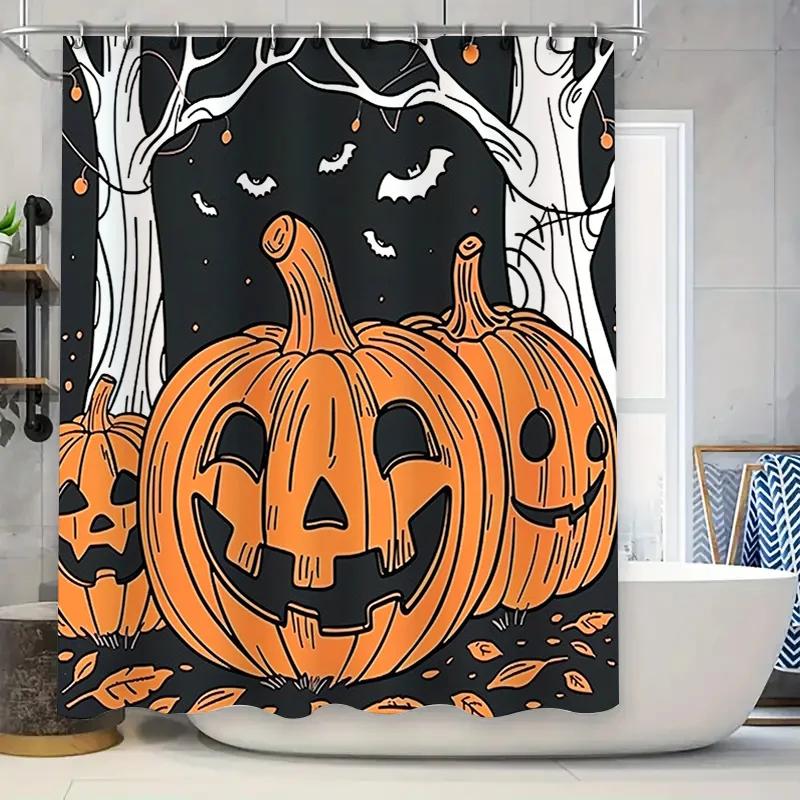 

Halloween-themed pumpkin shower curtain with spooky white tree design for bathroom decor during holiday season W90xH180cm