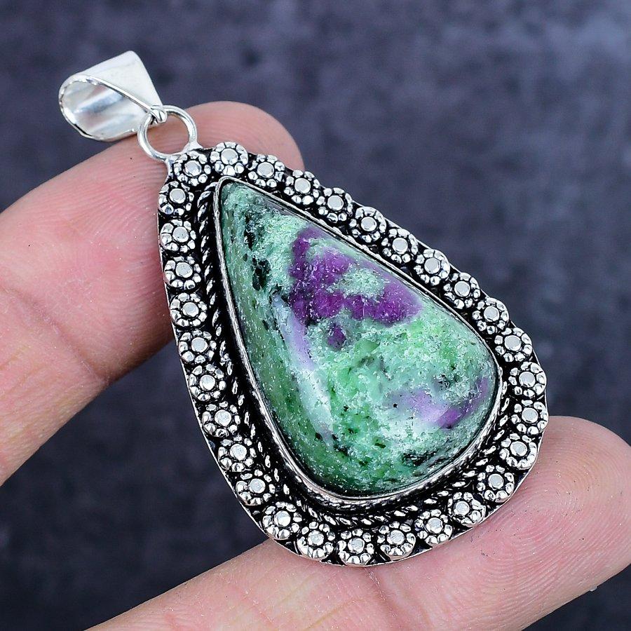Natural Ruby Zosite Gemstone Handmade 925 Sterling Silver Pendant 2.29" ETC-14210