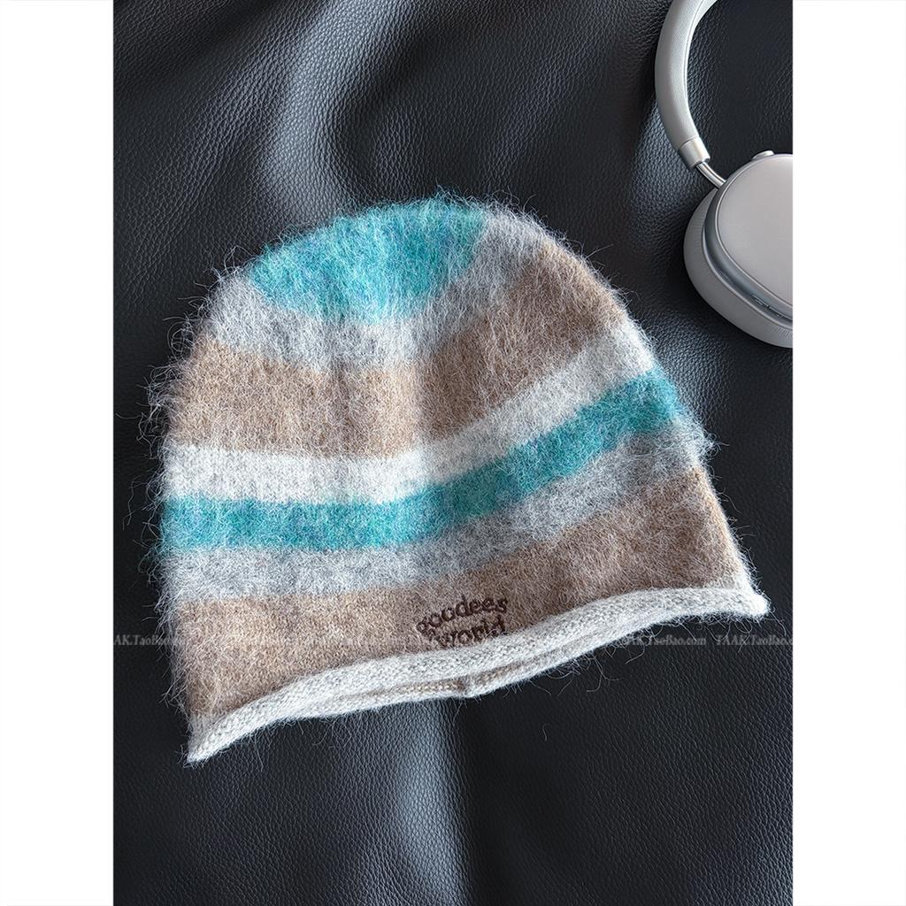 Women Colorful Striped Plush Knit Beanie Letter Embroidered Slouchy Skull Cap Face‑Flattering Warm Winter Soft Knitted Hat