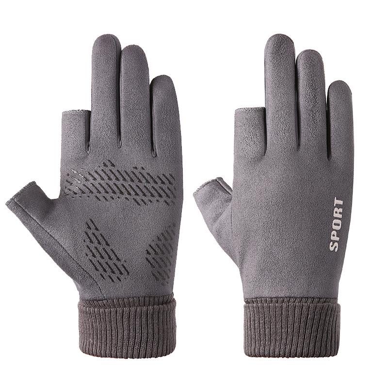 Men's and Women's Winter Touchscreen Gloves: Windproof, Suede, Two-Fingerless Design, Non-Slip, Warm, Female Student-Friendly.