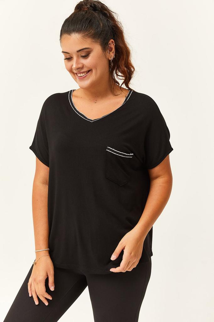 Damen Bluse in Übergröße V-Ausschnitt Schwarze Bluse mit silbernen Streifen an Kragen und Taschen