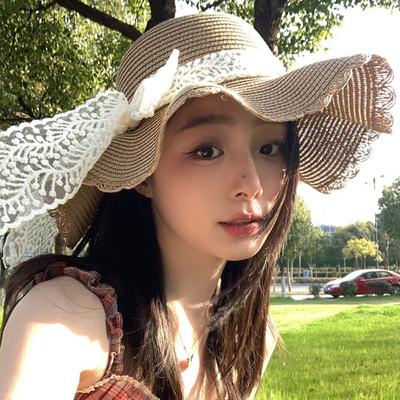 French Style Lace Bow Straw Hat Big Brim Women's Sun Hat Elegant Beach Straw Hat  Girls