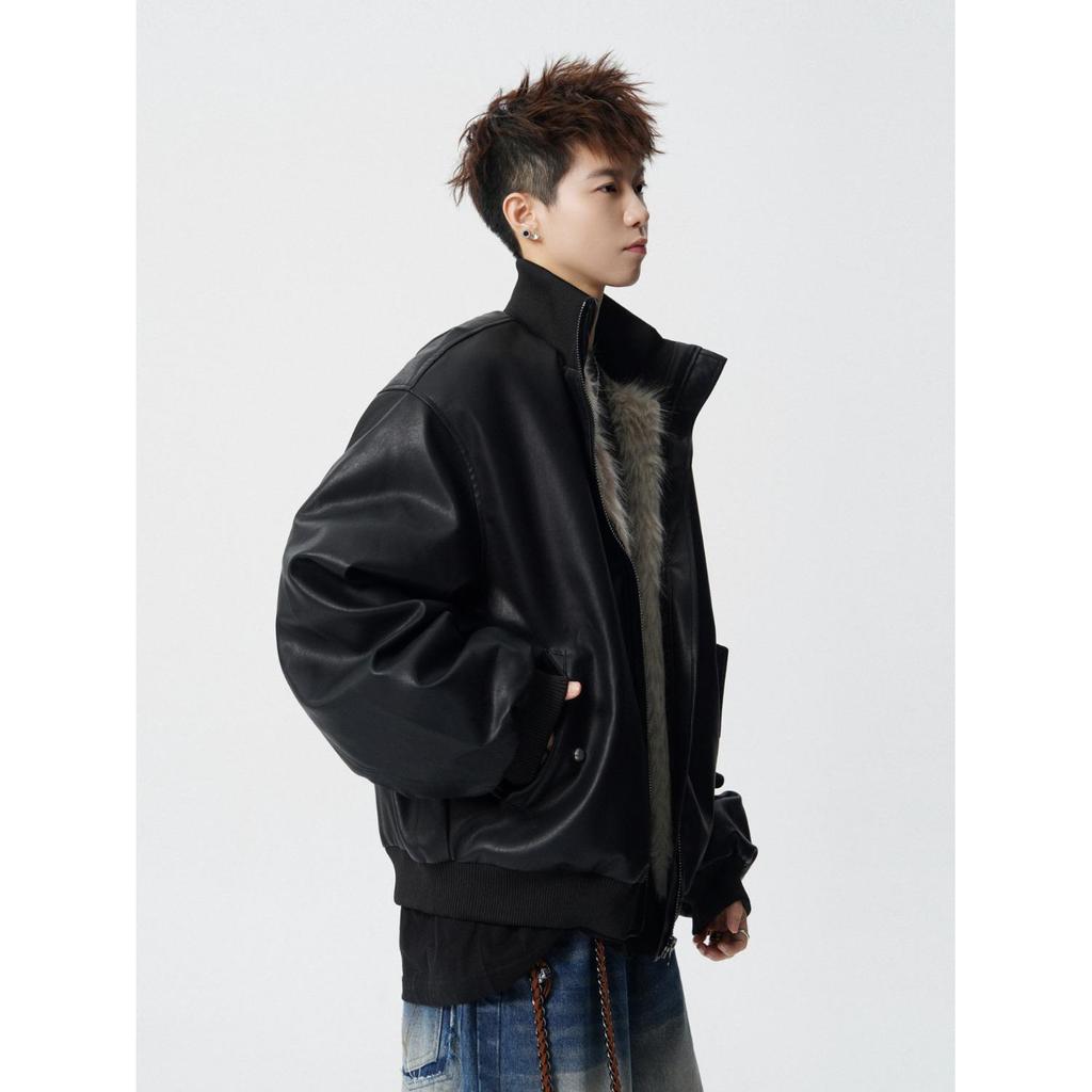 Men's American Retro PU Leather Cotton Jacket - Hong Kong Style, Autumn/Winter, High-End Trend, Loose Fit, Short Stand-Up Collar